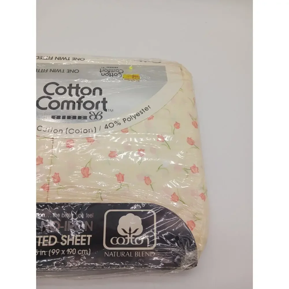 VTG Cotton Comfort by Bibb Twin Fitted Sheet No Iron Floral Tulips Cream Durham